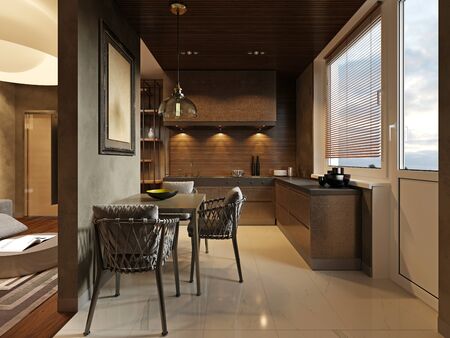 Contemporary kitchen with designer brown wood furniture, backlit and dining table. 3D rendering.の写真素材
