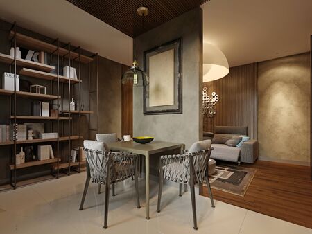 Studio apartment with a living room and kitchen area, in brown and beige color, a modern corner sofa and a large round designer chandelier in the form of a sphere, evening lighting. 3D rendering.の写真素材