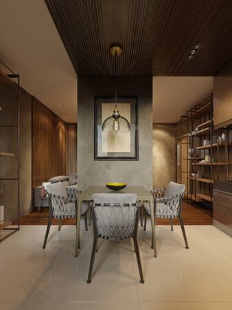 Dining room with contemporary style kitchen in dark brown studio apartments. Partition wall separating the living room and kitchen. 3D rendering.の写真素材