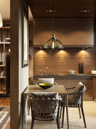 Dining room with contemporary style kitchen in dark brown studio apartments. Partition wall separating the living room and kitchen. 3D rendering.の写真素材