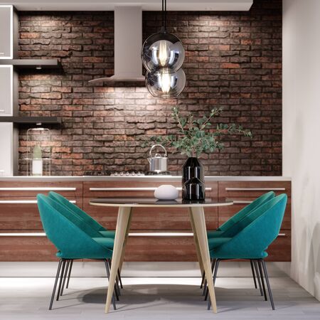 Newly designed kitchen with dining room, loft style, green chairs, brick wall. 3D rendering.の写真素材