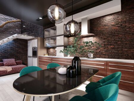 Newly designed kitchen with dining room, loft style, green chairs, brick wall. 3D rendering.の写真素材