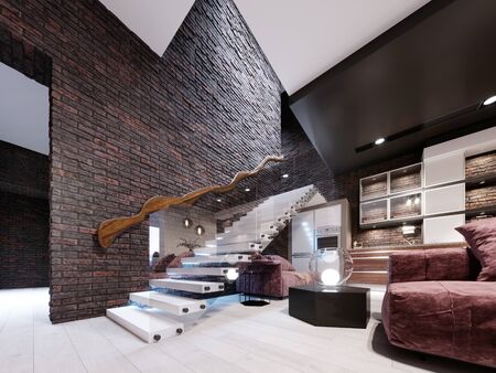 Modern design staircase in the living room, with glass railings and white independent steps on the brick wall. 3D rendering.の写真素材