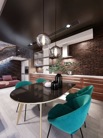 Newly designed kitchen with dining room, loft style, green chairs, brick wall. 3D rendering.の写真素材