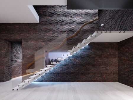 Modern design staircase in the living room, with glass railings and white independent steps on the brick wall. 3D rendering.の写真素材