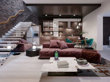 Studio loft design with staircase and dark brick wall. Living room with burgundy upholstered furniture and a modern kitchen. 3D rendering.の写真素材