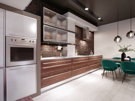 Newly designed kitchen with dining room, loft style, green chairs, brick wall. 3D rendering.の写真素材