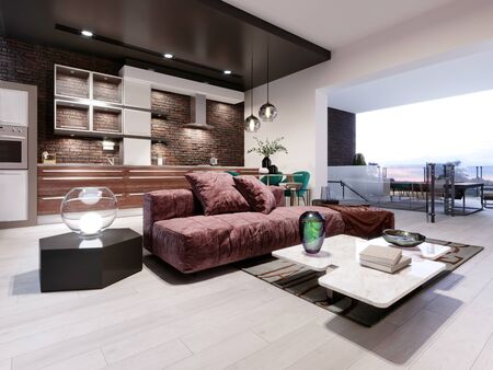 Studio loft design with staircase and dark brick wall. Living room with burgundy upholstered furniture and a modern kitchen. 3D rendering.の写真素材