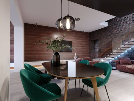 Newly designed kitchen with dining room, loft style, green chairs, brick wall. 3D rendering.の写真素材