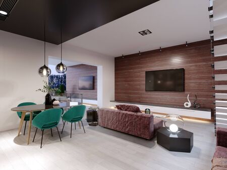 Modern living room combined with dining room. Wall mounted tv unit stand on a wooden wall made of planks. Green, burgundy, brown, white. 3D rendering.の写真素材