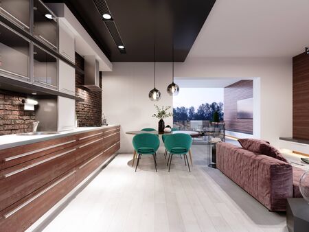 Newly designed kitchen with dining room, loft style, green chairs, brick wall. 3D rendering.の写真素材