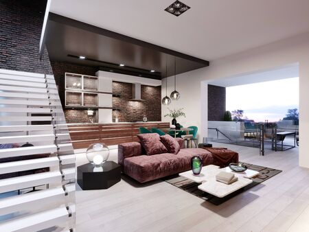 Studio loft design with staircase and dark brick wall. Living room with burgundy upholstered furniture and a modern kitchen. 3D rendering.の写真素材