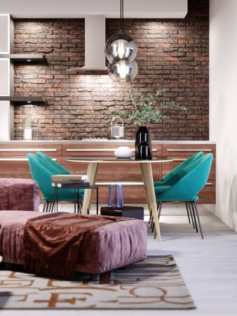 Newly designed kitchen with dining room, loft style, green chairs, brick wall. 3D rendering.の写真素材
