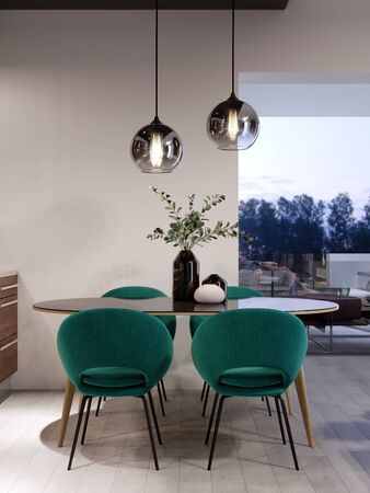 Newly designed kitchen with dining room, loft style, green chairs, brick wall. 3D rendering.の写真素材