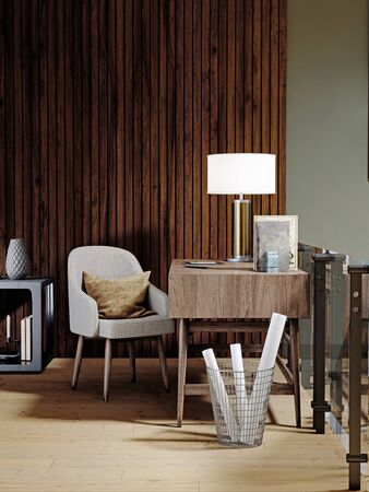 Interior loft design with workspace and a desk against a wooden wall, shelving with decor, trash bin. 3D rendering.の写真素材