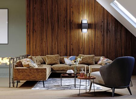 Design living room on the attic with a designer fireplace and a large sofa with an armchair, lots of greenery and flowerpots. 3D rendering.の写真素材