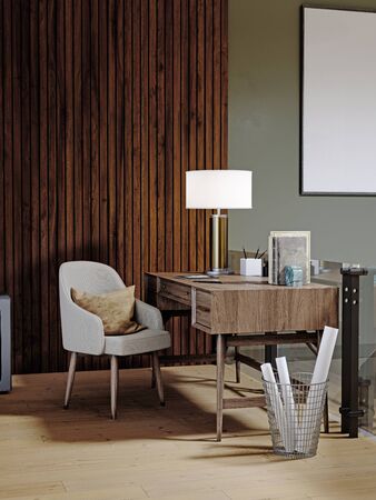 Interior loft design with workspace and a desk against a wooden wall, shelving with decor, trash bin. 3D rendering.の写真素材