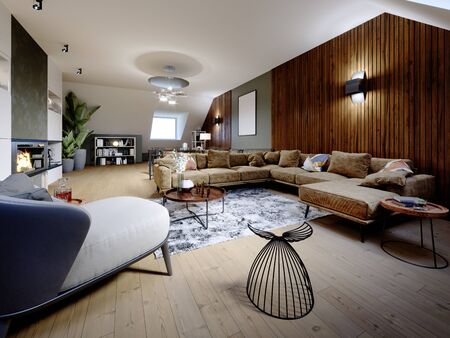 A modern attic with a living space, a sitting area with a large corner sofa and a fireplace, a working space with a desk, a lot of flowerpots with greenery. 3D rendering.の写真素材