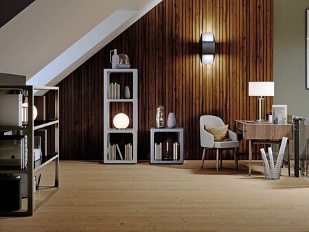 Interior loft design with workspace and a desk against a wooden wall, shelving with decor, trash bin. 3D rendering.の写真素材