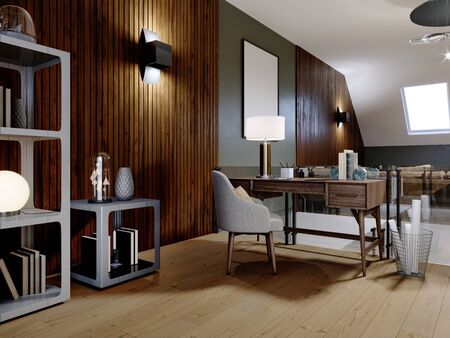 Interior loft design with workspace and a desk against a wooden wall, shelving with decor, trash bin. 3D rendering.の写真素材