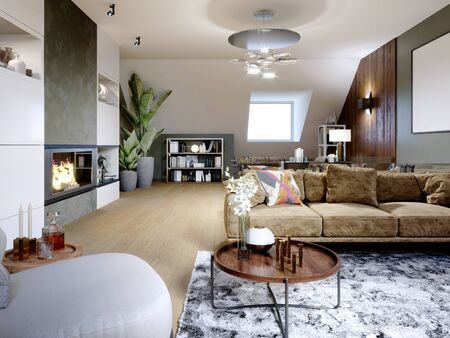 A modern attic with a living space, a sitting area with a large corner sofa and a fireplace, a working space with a desk, a lot of flowerpots with greenery. 3D rendering.の写真素材