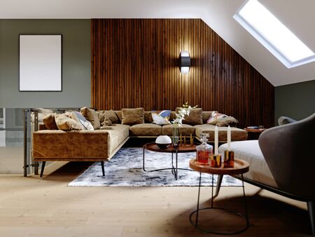 A modern attic with a living space, a sitting area with a large corner sofa and a fireplace, a working space with a desk, a lot of flowerpots with greenery. 3D rendering.の写真素材
