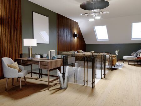 A modern attic with a living space, a sitting area with a large corner sofa and a fireplace, a working space with a desk, a lot of flowerpots with greenery. 3D rendering.の写真素材