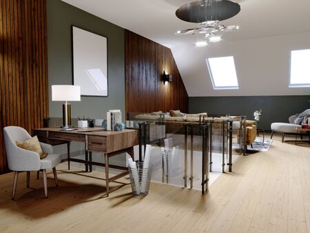 A modern attic with a living space, a sitting area with a large corner sofa and a fireplace, a working space with a desk, a lot of flowerpots with greenery. 3D rendering.の素材 [FY310148891761]