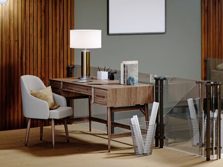 Interior loft design with workspace and a desk against a wooden wall, shelving with decor, trash bin. 3D rendering.の写真素材