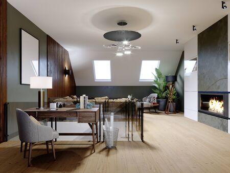 A modern attic with a living space, a sitting area with a large corner sofa and a fireplace, a working space with a desk, a lot of flowerpots with greenery. 3D rendering.の写真素材