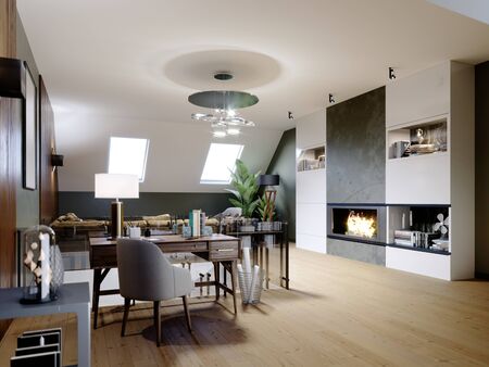 A modern attic with a living space, a sitting area with a large corner sofa and a fireplace, a working space with a desk, a lot of flowerpots with greenery. 3D rendering.の写真素材