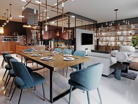 Large modern dining table in a trendy style, dining area in a studio apartment. Wooden table top, fabric blue chairs. 3D rendering.の写真素材