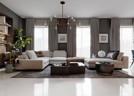 Fashionable large transformer sofa with corner elements in a modern living room with gray walls and large windows. Front view. 3D rendering.の写真素材