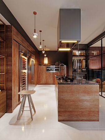 Luxurious kitchen modern style with wooden contemporary furniture and island with hood. Burgundy gray walls, black granite countertops. Studio apartment. 3D rendering.の写真素材