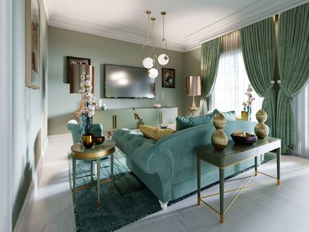 Luxury living room interior in mint colors. Art Deco style. A soft sofa and two armchairs, a coffee table, a TV unit, a console, a floor lamp. 3D rendering.の写真素材