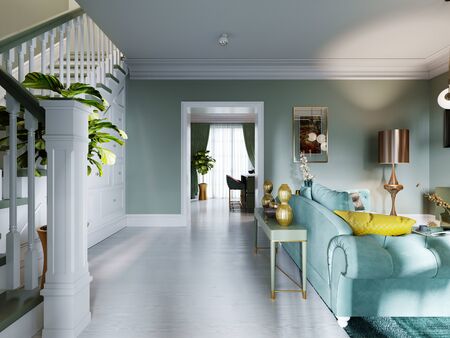 Hall corridor with entrance hall and stairs to the second floor with wardrobe under. Living room with stairs. 3D rendering.の写真素材