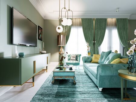 Luxury living room interior in mint colors. Art Deco style. A soft sofa and two armchairs, a coffee table, a TV unit, a console, a floor lamp. 3D rendering.の写真素材