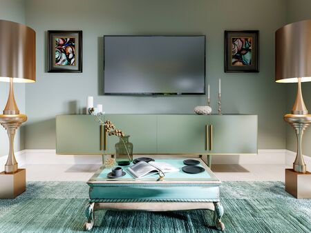 TV set, TV unit, TV with console in the living room, pistachio color, floor lamp and coffee table. 3D rendering.の写真素材