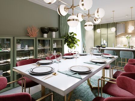 Dining area with dining table, turquoise chairs, white marble countertop, served table. Large dining room kitchen in mint colors. 3D rendering.の写真素材