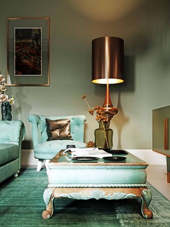 Coffee table in the living room mint color evening light. 3D renderingの写真素材