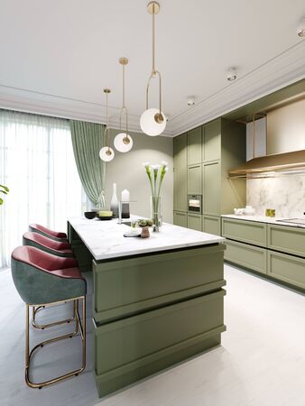 Designer kitchen island pistachio color with decor and lamps over. 3D renderingの写真素材