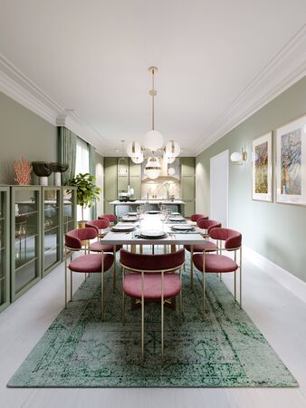 Dining area with dining table, turquoise chairs, white marble countertop, served table. Large dining room kitchen in mint colors. 3D rendering.の写真素材