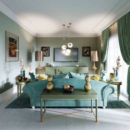 Luxury living room interior in mint colors. Art Deco style. A soft sofa and two armchairs, a coffee...