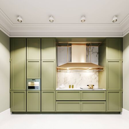 New design pistachio color kitchen with kitchen island. 3D rendering.の写真素材