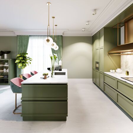 New design pistachio color kitchen with kitchen island. 3D rendering.の写真素材