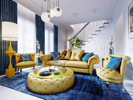 Luxurious fashionable living room with yellow upholstered furniture and blue carpet and decor, white...