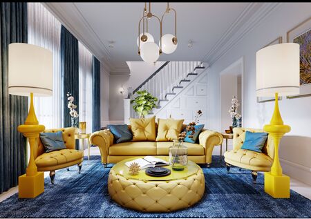 Luxurious fashionable living room with yellow upholstered furniture and blue carpet and decor, white walls. 3D renderingの写真素材
