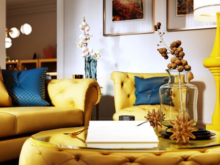 Soft quilted coffee table with glass top in a trendy living room. 3D rendering.
の写真素材