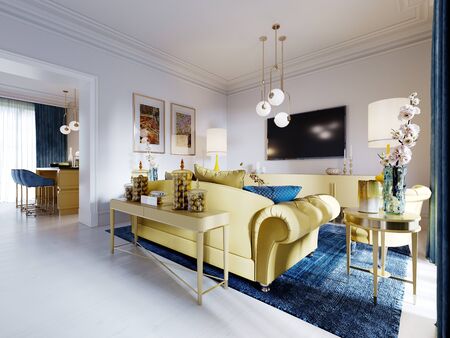 Luxurious fashionable living room with yellow upholstered furniture and blue carpet and decor, Yellow console with decor. 3D renderingの写真素材