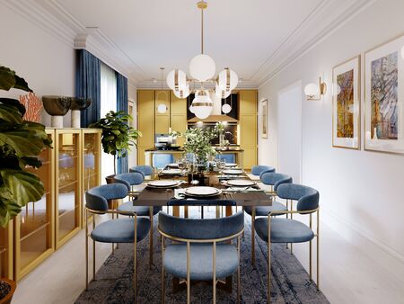 Fashionable designer dining table, black countertop, blue chairs, yellow furniture, dining area with kitchen multi-colored meel. 3D rendering.の写真素材